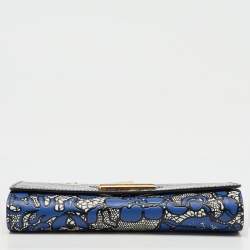 Pre Owned Louis Vuitton Navy Blue Flower Lace Leather Inlay Twist Wallet on Chain