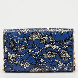 Pre Owned Louis Vuitton Navy Blue Flower Lace Leather Inlay Twist Wallet on Chain