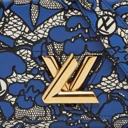 Pre Owned Louis Vuitton Navy Blue Flower Lace Leather Inlay Twist Wallet on Chain