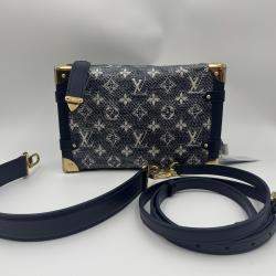 Pre Owned Louis Vuitton Grey Denim Leather Side Trunk Bag