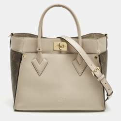 Pre Owned Louis Vuitton Greige Leather and Monogram Canvas On My Side MM Tote Bag