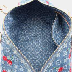 Pre Owned Louis Vuitton Takashi Murakami Keepall Bandouliere 45 Blue Denim Leather Duffle Bag