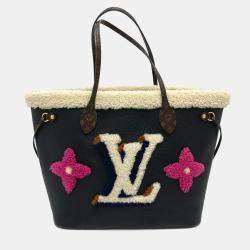 Pre Owned Louis Vuitton Shearling Monogram Flower Lv Initial Neverfull Mm Fluffy Tote Bag In Calf Leather Black