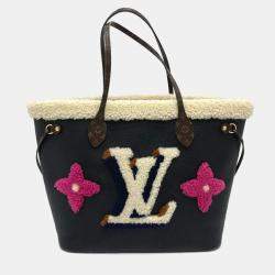Pre Owned Louis Vuitton Shearling Monogram Flower Lv Initial Neverfull Mm Fluffy Tote Bag In Calf Leather Black