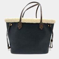 Pre Owned Louis Vuitton Shearling Monogram Flower Lv Initial Neverfull Mm Fluffy Tote Bag In Calf Leather Black