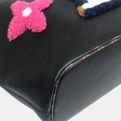 Pre Owned Louis Vuitton Shearling Monogram Flower Lv Initial Neverfull Mm Fluffy Tote Bag In Calf Leather Black