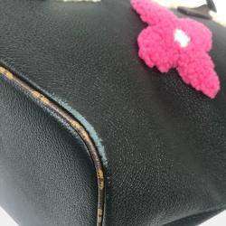 Pre Owned Louis Vuitton Shearling Monogram Flower Lv Initial Neverfull Mm Fluffy Tote Bag In Calf Leather Black