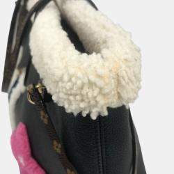 Pre Owned Louis Vuitton Shearling Monogram Flower Lv Initial Neverfull Mm Fluffy Tote Bag In Calf Leather Black