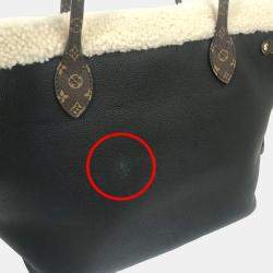 Pre Owned Louis Vuitton Shearling Monogram Flower Lv Initial Neverfull Mm Fluffy Tote Bag In Calf Leather Black