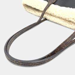 Pre Owned Louis Vuitton Shearling Monogram Flower Lv Initial Neverfull Mm Fluffy Tote Bag In Calf Leather Black