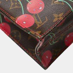 Pre Owned Louis Vuitton X Takashi Murakami Monogram Cherry Sac Plat Tote Bag Brown Leather