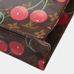 Pre Owned Louis Vuitton X Takashi Murakami Monogram Cherry Sac Plat Tote Bag Brown Leather