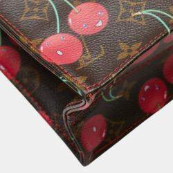 Pre Owned Louis Vuitton X Takashi Murakami Monogram Cherry Sac Plat Tote Bag Brown Leather