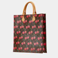 Pre Owned Louis Vuitton X Takashi Murakami Monogram Cherry Sac Plat Tote Bag Brown Leather