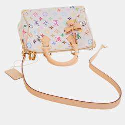 Pre Owned Louis Vuitton White Takashi Murakami Monogram Multicolore Speedy Bandouliere 25