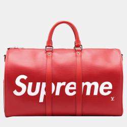 Pre Owned Louis Vuitton Red Supreme Epi Keepall Bandouliere 45