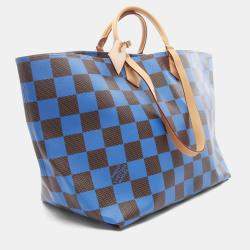 Pre Owned Louis Vuitton Sac Plat Soft EW Brown/Blue Coated Canvas Leather With Damier Pop  Tote Bag