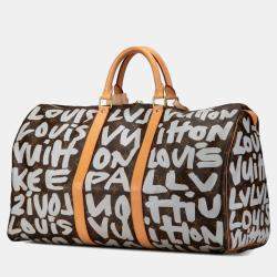 Pre Owned Louis Vuitton Monogram Graffiti Keepall 50 Argent Brown Coated Canvas Leather Boston Bag