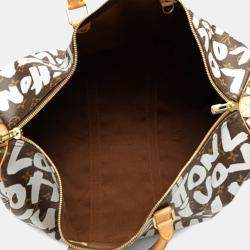 Pre Owned Louis Vuitton Monogram Graffiti Keepall 50 Argent Brown Coated Canvas Leather Boston Bag