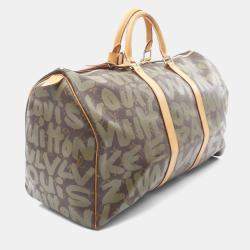 Pre Owned Louis Vuitton Keepall 50 Boston Bag Coated Canvas And Leather Monogram Graffiti Brown Khaki