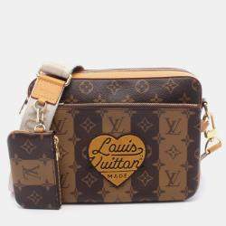 Pre Owned Louis Vuitton X Nigo Trio Messenger Bag Lv Squared Shoulder Coated Canvas And Leather With Monogram Stripe Brown