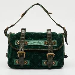 Pre Owned Louis Vuitton Green Monogram Velour Alligator and Ostrich-Trimmed Clyde Bag