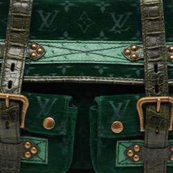 Pre Owned Louis Vuitton Green Monogram Velour Alligator and Ostrich-Trimmed Clyde Bag