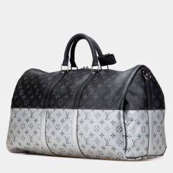 Pre Owned Louis Vuitton Monogram Eclipse Split Keepall Bandouliere 50 Boston/Shoulder Bag Silver Black Pvc And Leather