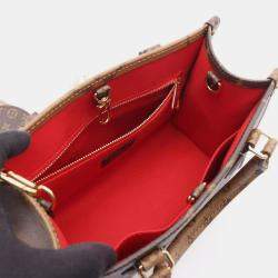 Pre Owned Louis Vuitton On The Go Pm Handbag Coated Canvas Monogram Giant Reverse Brown And Beige