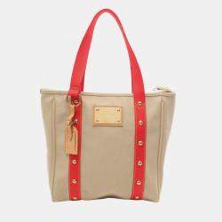 Pre Owned Louis Vuitton Antigua Cabas MM Beige Red Canvas Tote Bag