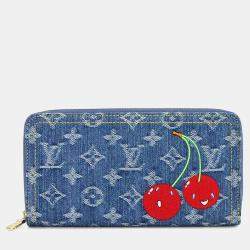 Pre Owned Louis Vuitton Zippy Wallet Denim Blue Monogram Cherry Denim Wallet