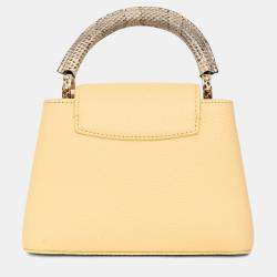 Pre Owned Louis Vuitton Pale Yellow Grained Leather Python Trim Mini Capucines Top Handle with Strap