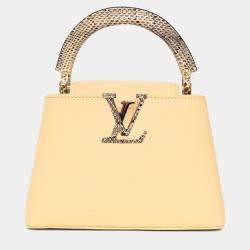 Pre Owned Louis Vuitton Pale Yellow Grained Leather Python Trim Mini Capucines Top Handle with Strap