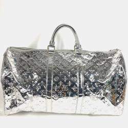 Pre Owned Louis Vuitton Monogram Miroir Keepall 55 Boston Bag Travel Mirrored Leather Argent Silver