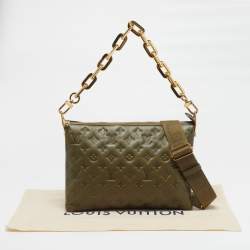 Pre Owned Louis Vuitton Coussin MM Khaki Monogram Embossed Leather Shoulder Bag
