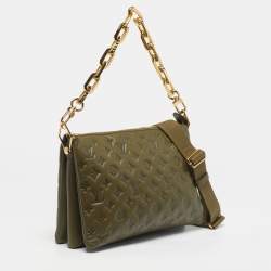 Pre Owned Louis Vuitton Coussin MM Khaki Monogram Embossed Leather Shoulder Bag
