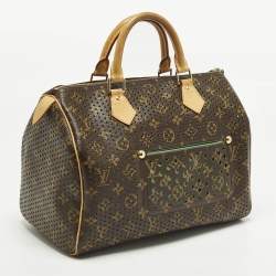 Pre Owned Louis Vuitton Speedy 30 Limited Edition Green Monogram Perforated Canvas Satchel