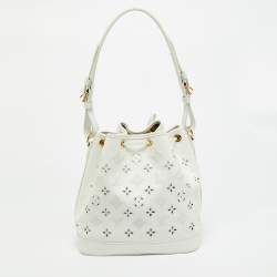 Pre Owned Louis Vuitton Noe Petit White Monogram Cutout Leather Bucket Bag
