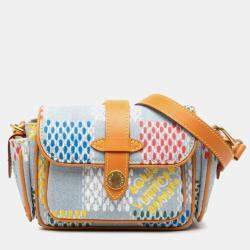 Pre Owned Louis Vuitton Lv Birds Damier Denim Cargo Wearable Wallet Shoulder Bag Blue Multicolor Brown Leather