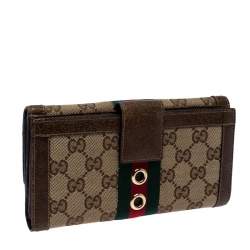 Gucci Brown/Beige GG Canvas Web Eyelet Flap Wallet