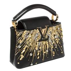 مملوكة مسبقًا Louis Vuitton Black Leather Crystal Embellished Capucines Mini Bag