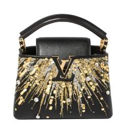 مملوكة مسبقًا Louis Vuitton Black Leather Crystal Embellished Capucines Mini Bag