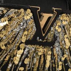 مملوكة مسبقًا Louis Vuitton Black Leather Crystal Embellished Capucines Mini Bag