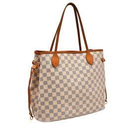 Louis Vuitton White Canvas Leather Damier Azur Neverfull MM Tote Bag 