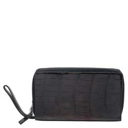 مملوكة مسبقًا Fendi Black Crocodile Leather Zip Around Wallet