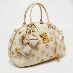 Pre Owned Louis Vuitton Cream Canvas Polka Dot Panama Bowly Bag