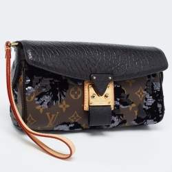 Pre Owned Louis Vuitton Black/Monogram Canvas and Leather Limited Edition Fleur de Jais Manege Clutch