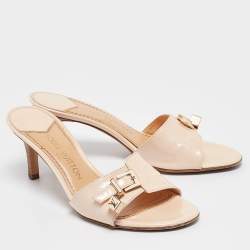 Pre Owned Louis Vuitton Beige Patent Leather LV Dice and Buckle Embellished Slide Sandals Size 38.5