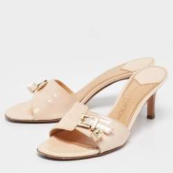 Pre Owned Louis Vuitton Beige Patent Leather LV Dice and Buckle Embellished Slide Sandals Size 38.5