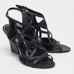 Pre Owned Louis Vuitton Black Suede and Leather Wedge Sandals Size 39.5